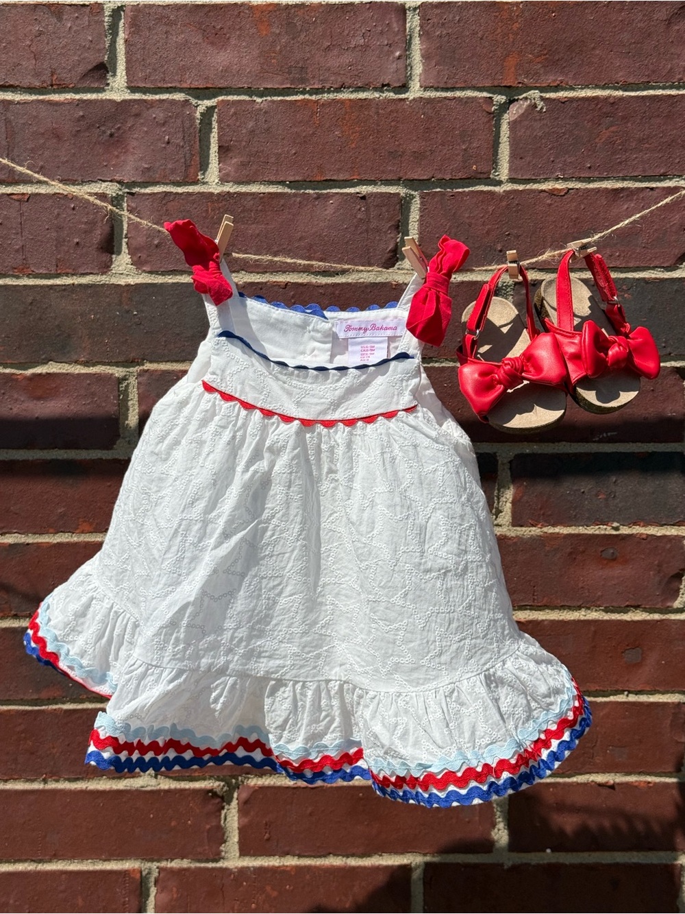 Tommy Bahama White Eyelet Dress with Red and Blue Trim and Red Bow Sandals